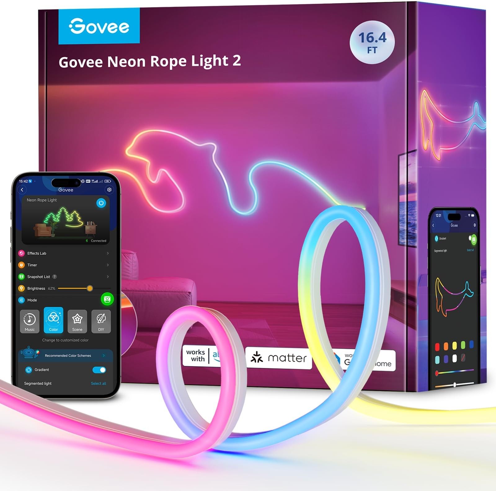 Неоновая светодиодная лента Govee Neon Rope Light H61D5301DE, многоцветная, 2,5 м