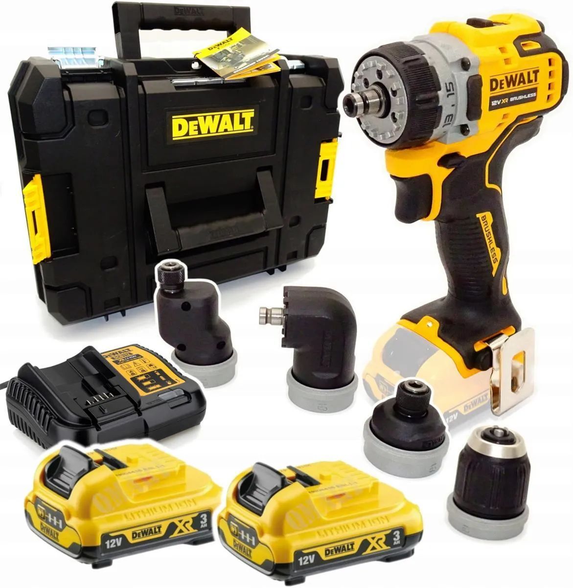 Дрель-шуруповерт DeWalt Dcd703L2T, с набором насадок, 2 АКБ 3 Ач и ЗУ, в кейсе