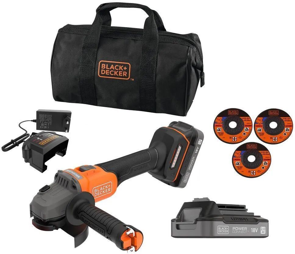 Аккумуляторная угловая шлифмашина Black&Decker BCG6L8D2SQW 2*2.0 Ah/18 V с ЗУ