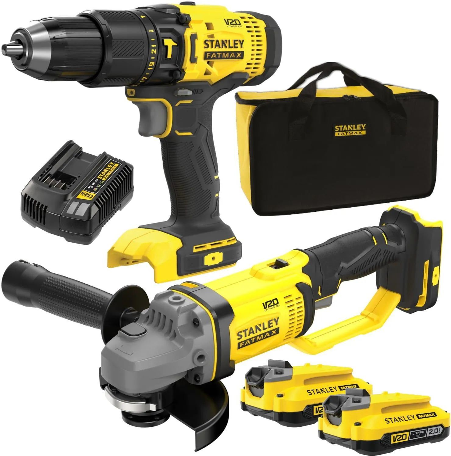 Набор Stanley SFMCK471D2S: шуруповерт , угловая шлифмашина, 2x2Ah, зарядка, сумка