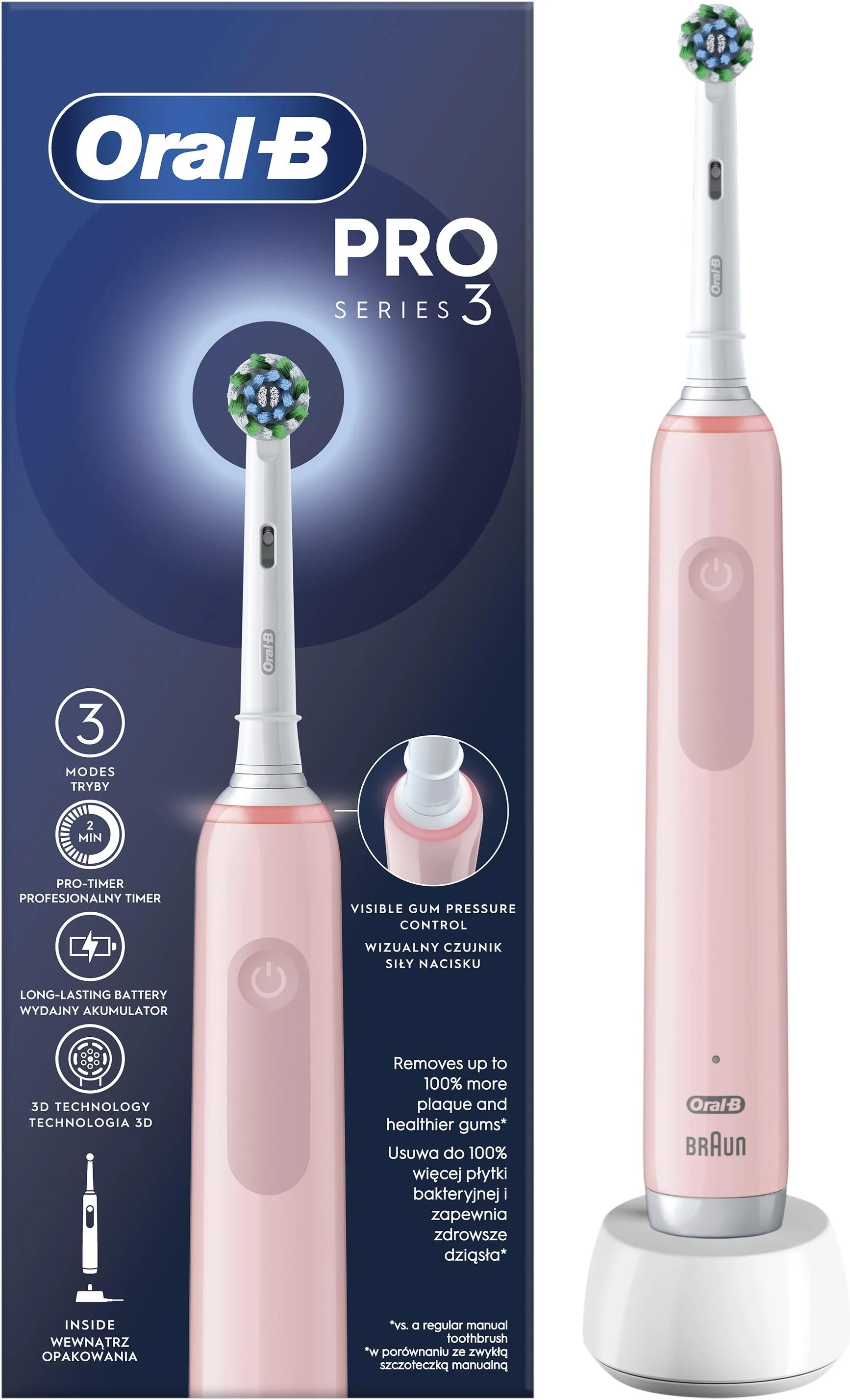 Электрическая зубная щётка Oral-B Pro Series 3 CrossAction Pink, с зарядной станцией