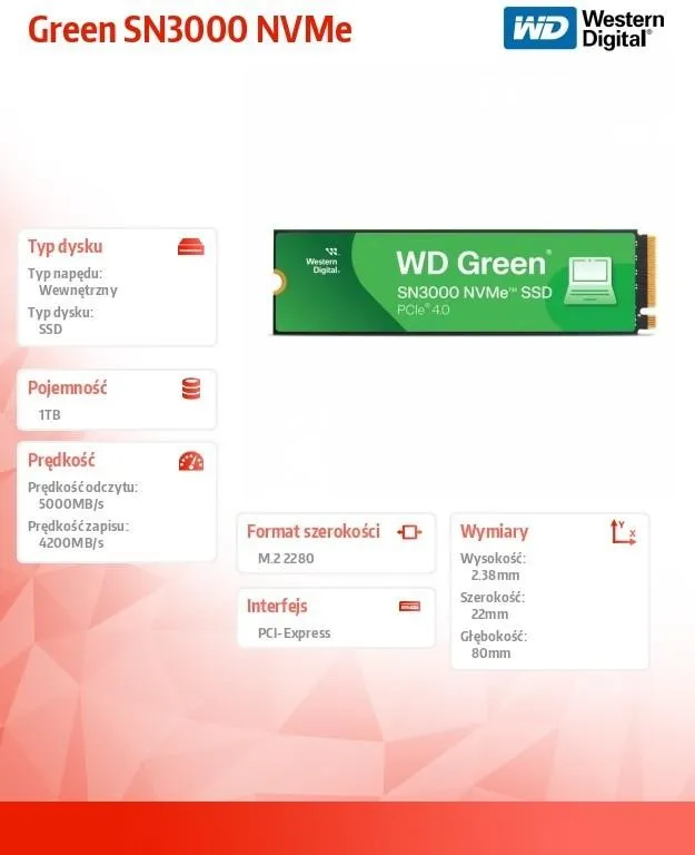 SSD WD Green SN3000, 1 ТБ, M.2 2280, PCIe 4.0 NVMe