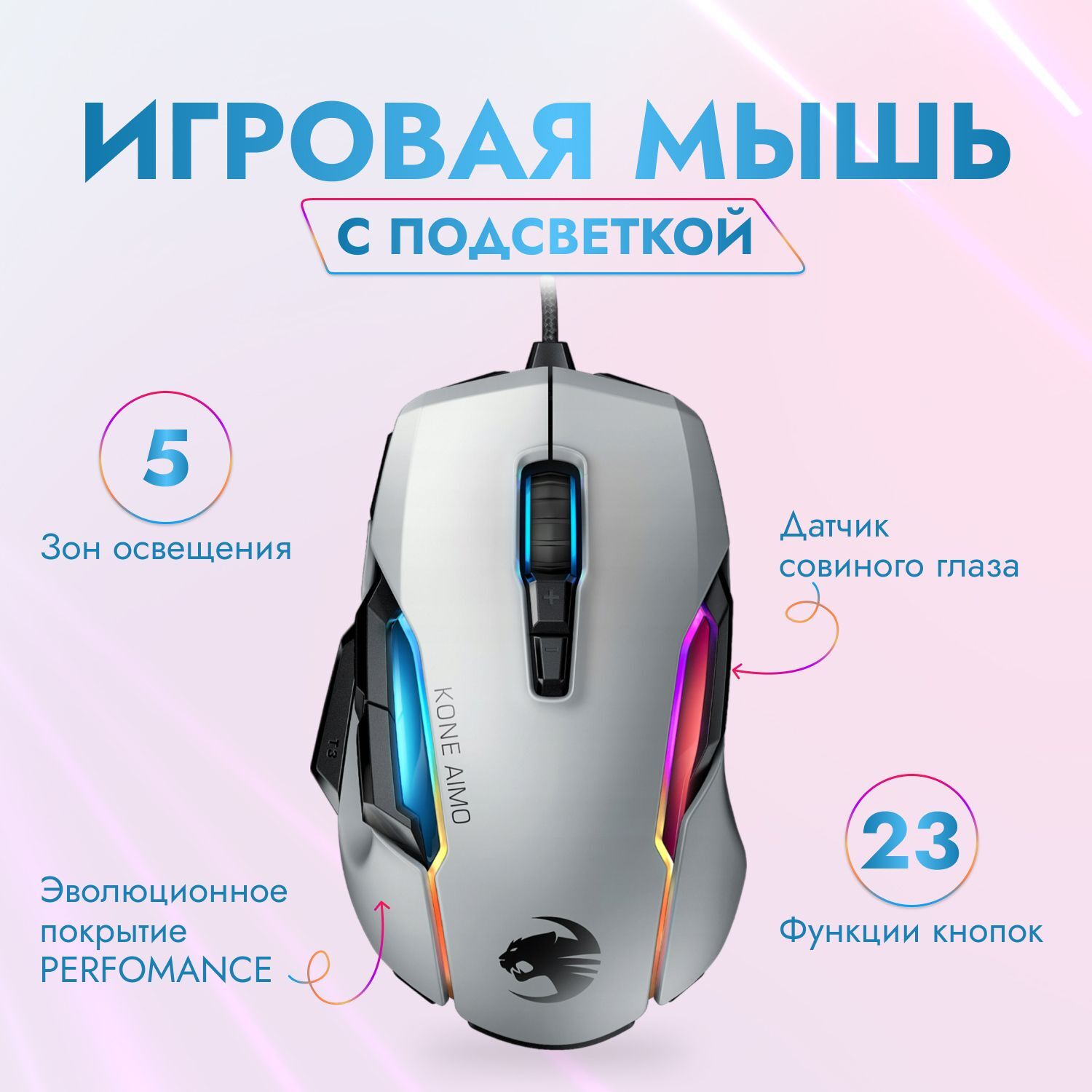 Мышь игровая с подсветкой проводная ROCCAT Kone AIMO Remastered белая 4250288175778