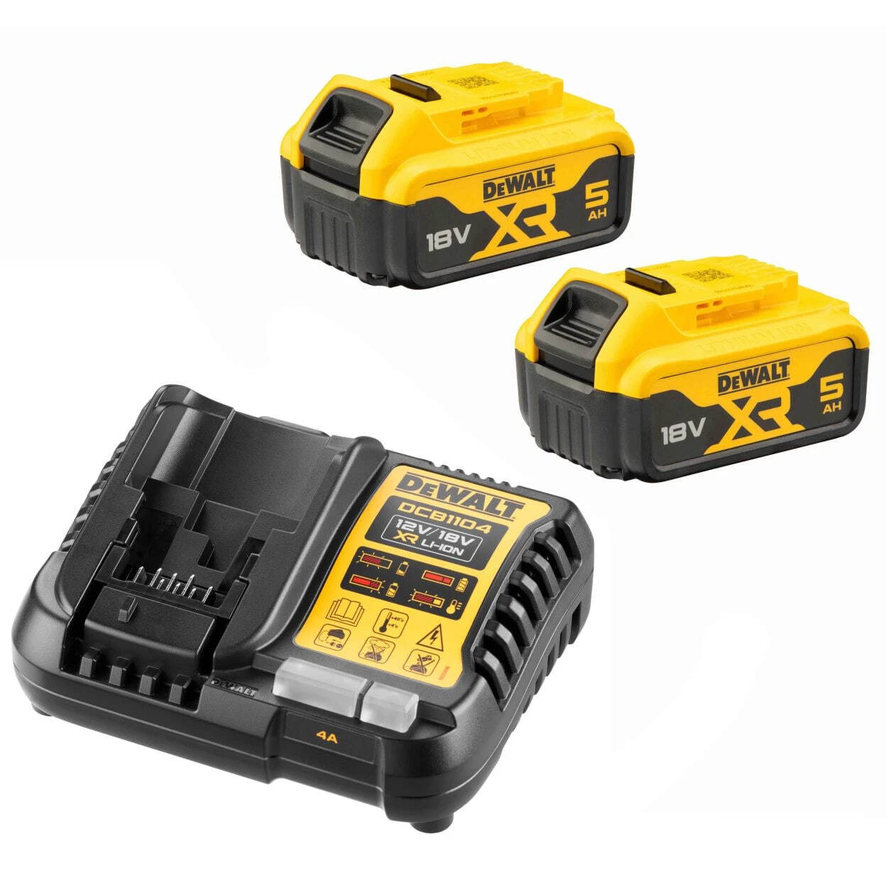 Набор DEWALT: 2 АКБ DCB184, Li-Ion, 18 В, 5 Ач и зарядное устройство DCB1104, 12/18 В, 4 A (DCB1104P2)
