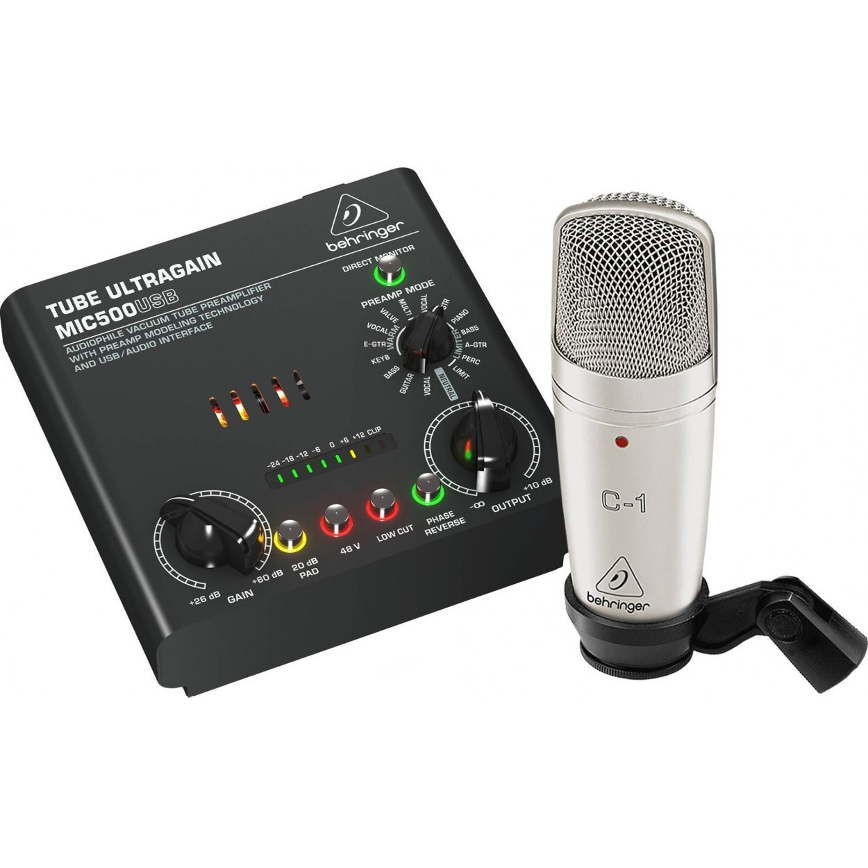 Behringer VOICE STUDIO набор для звукозаписи: MIC500USB ламповый предусилитель, конденсаторный микрофон C-1