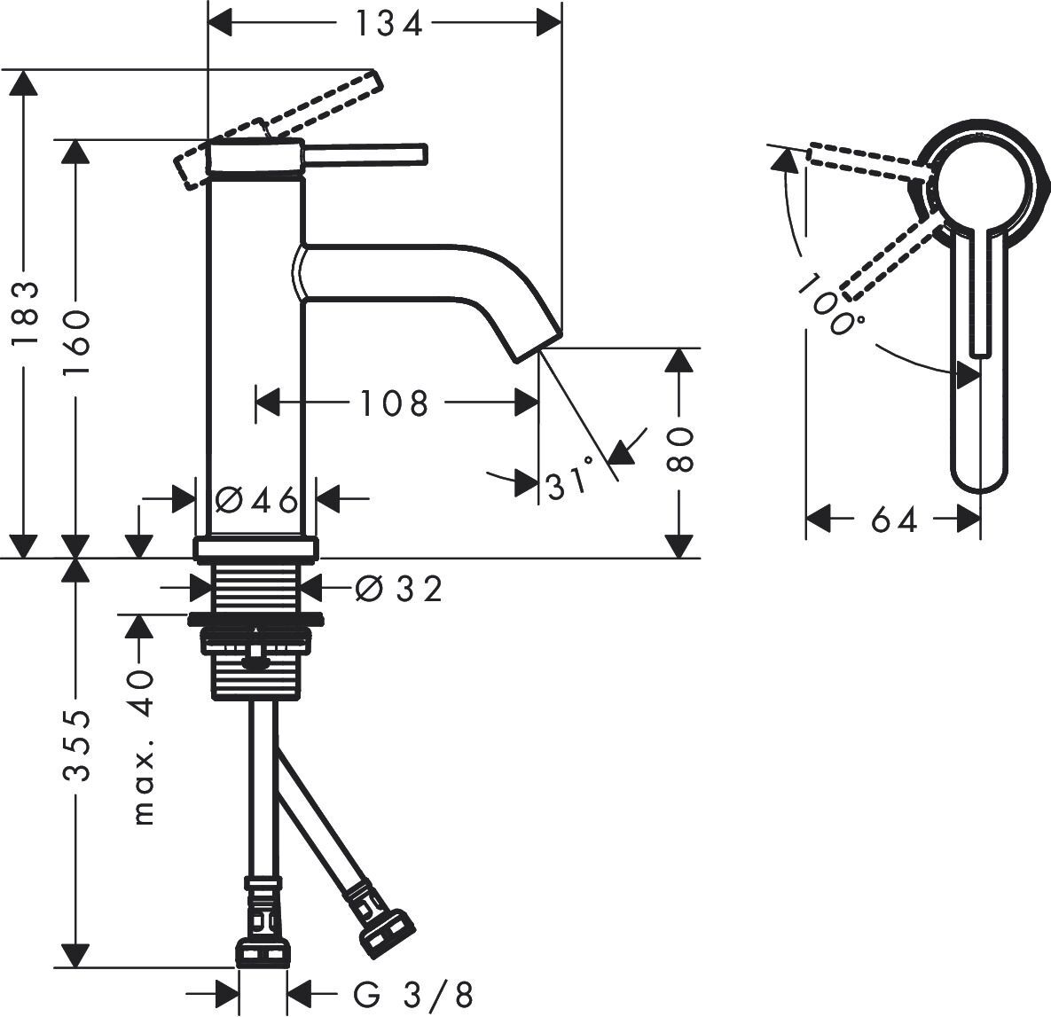 Смеситель для раковины Hansgrohe Tecturis S 80 Черный Матовый 73301670