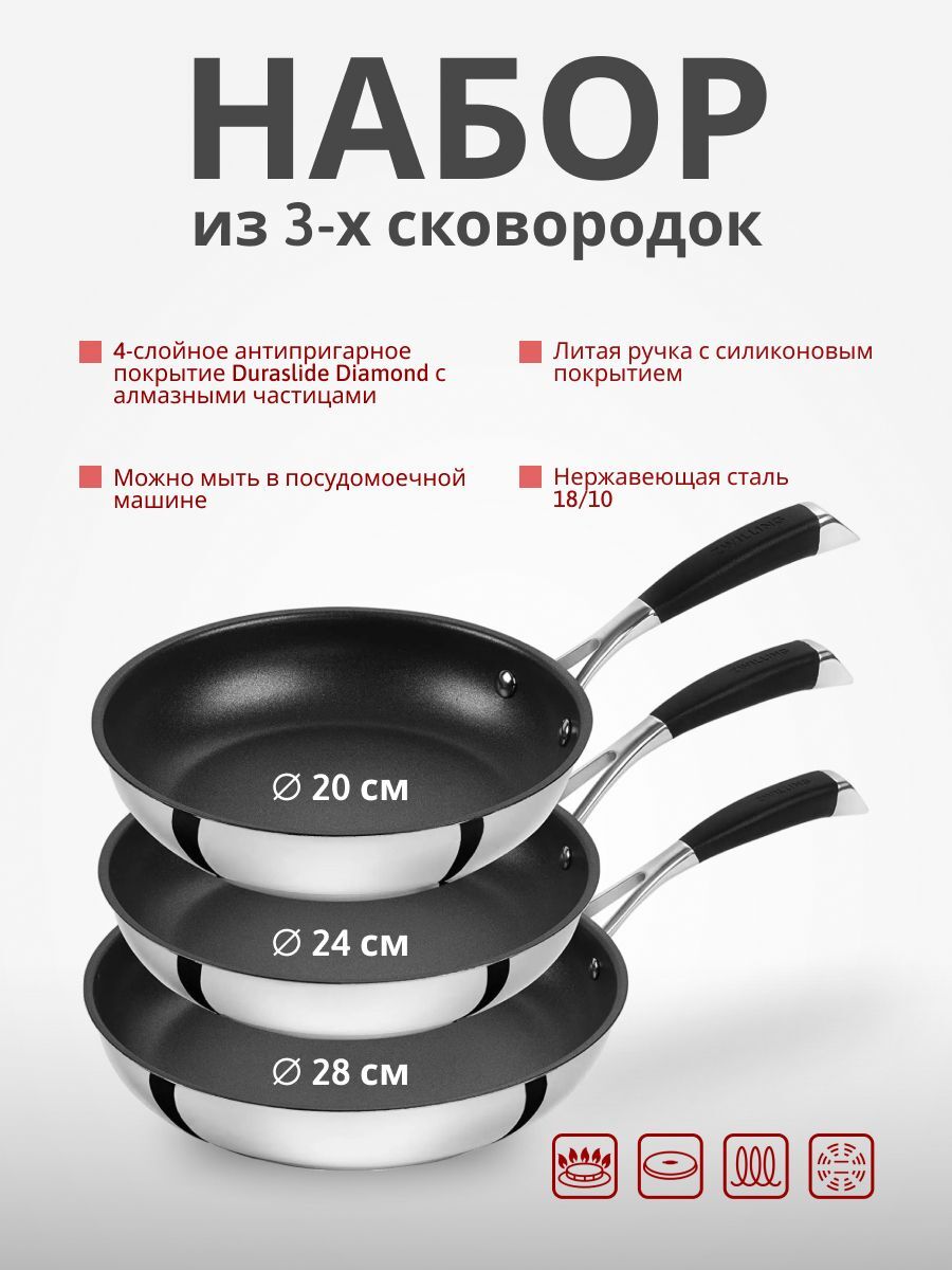 Набор из 3-х сковородок Zwilling by Cornelia Poletto Frying Pan, 65249-000, (20+24+28 см)