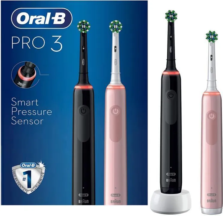 Электрическая зубная щётка Oral-B Pro 3 3900 Black & Pink, набор из 2 щёток с зарядной станцией