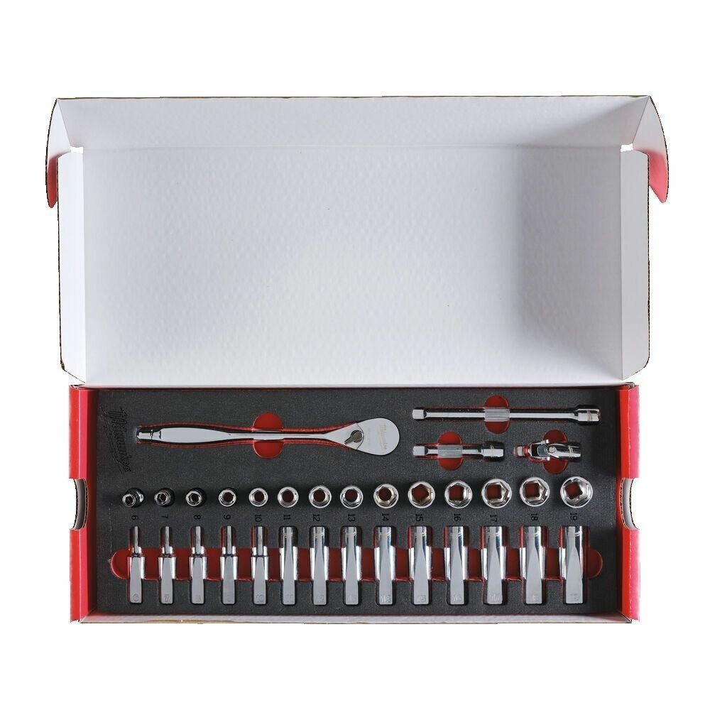 Ложемент с головками и трещоткой 3/8" Milwaukee 32 ед.