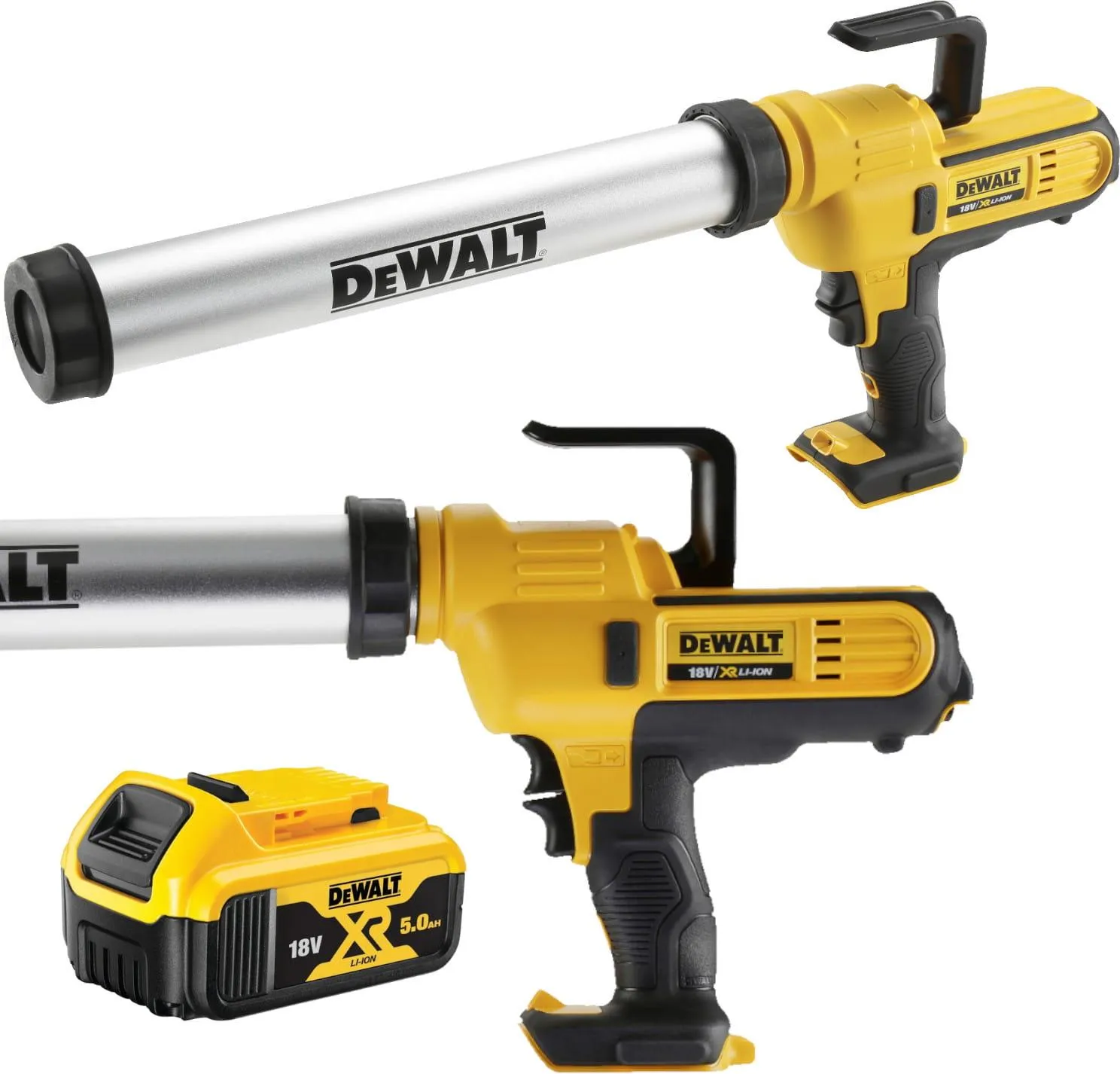 Пистолет для силикона и герметика 18V 300–600 мл DeWalt DCE580N + аккумулятор 5Ah DCB184