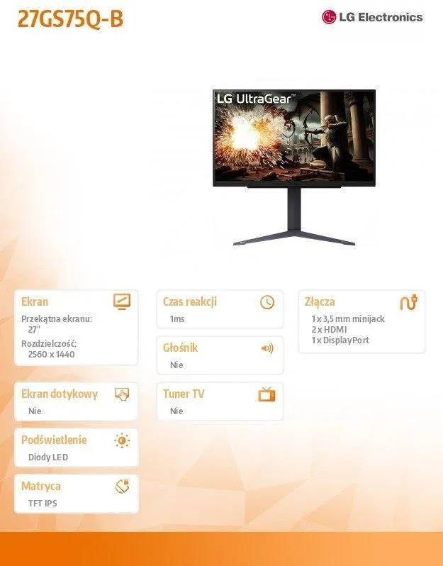 Игровой монитор LG UltraGear 27GS75Q-B 27", IPS, QHD (2560×1440), 200 Гц