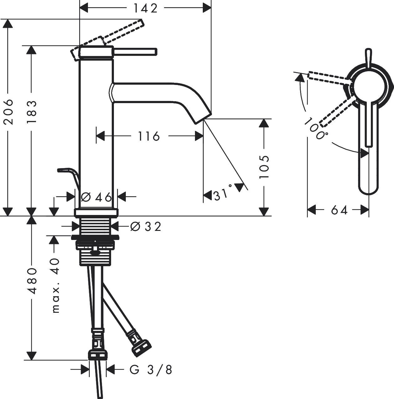 Смеситель для раковины Hansgrohe Tecturis S 110 Coolstart 73314670 черный матовый