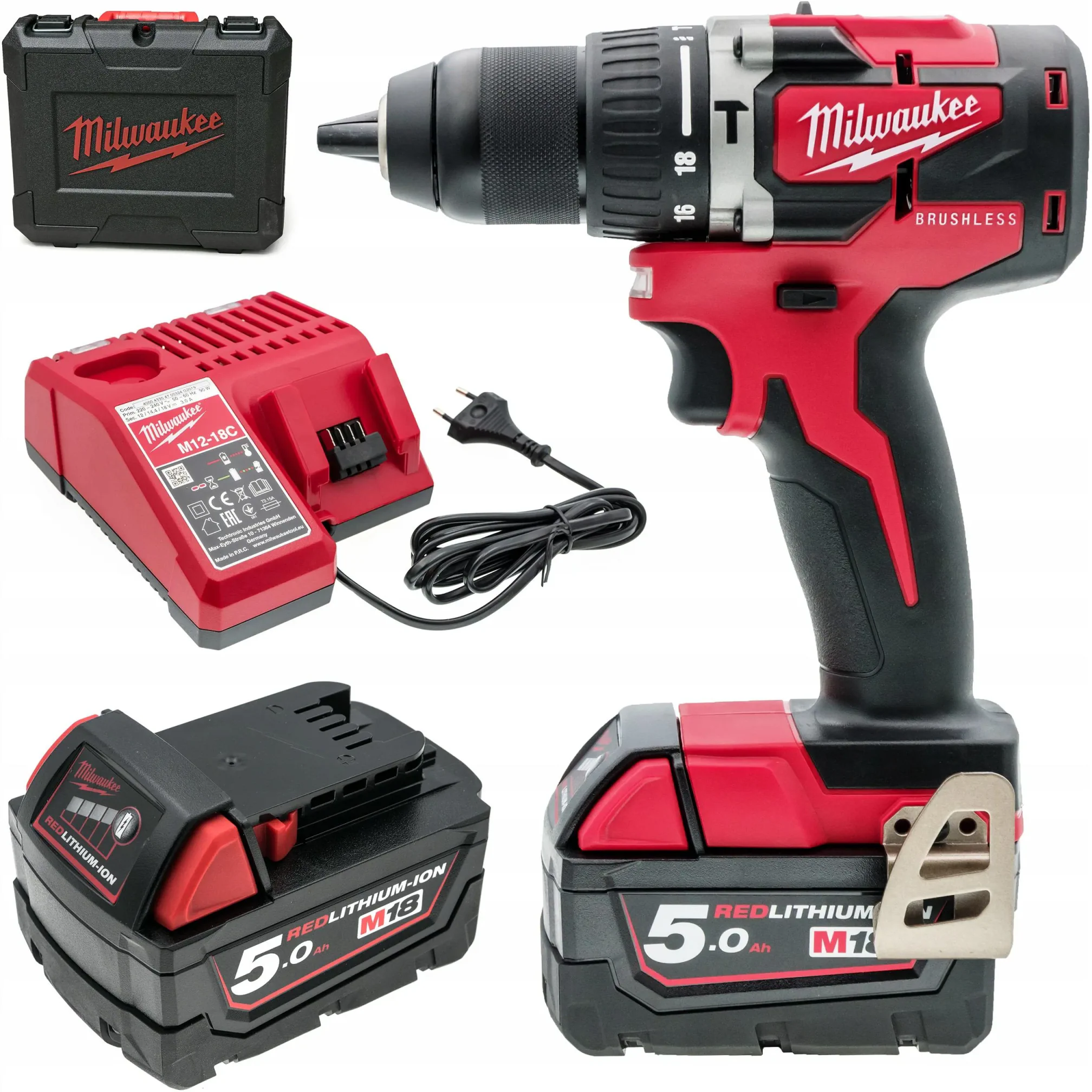 Аккумуляторная ударная дрель-шуруповёрт Milwaukee M18 CBLPD-502C 18 В, 2×5,0 А·ч АКБ, ЗУ, кейс