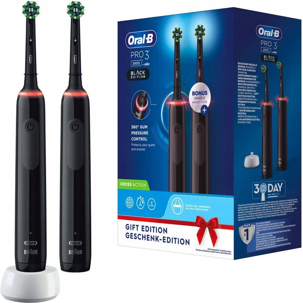 Электрическая зубная щётка Oral-B Pro 3 3900 Duo Black Edition, набор из 2 щёток с зарядной станцией