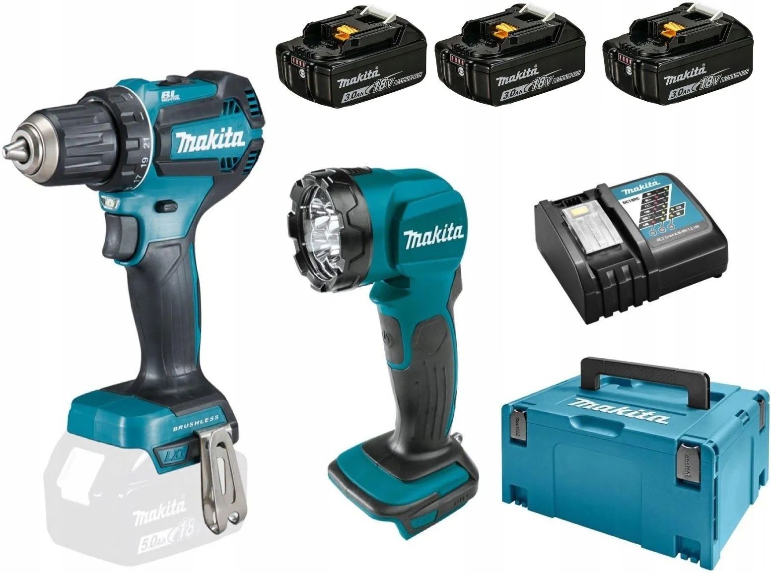 Набор Makita DLX2349J дрель и фонарь с АКБ 3x3,0 Ah и ЗУ