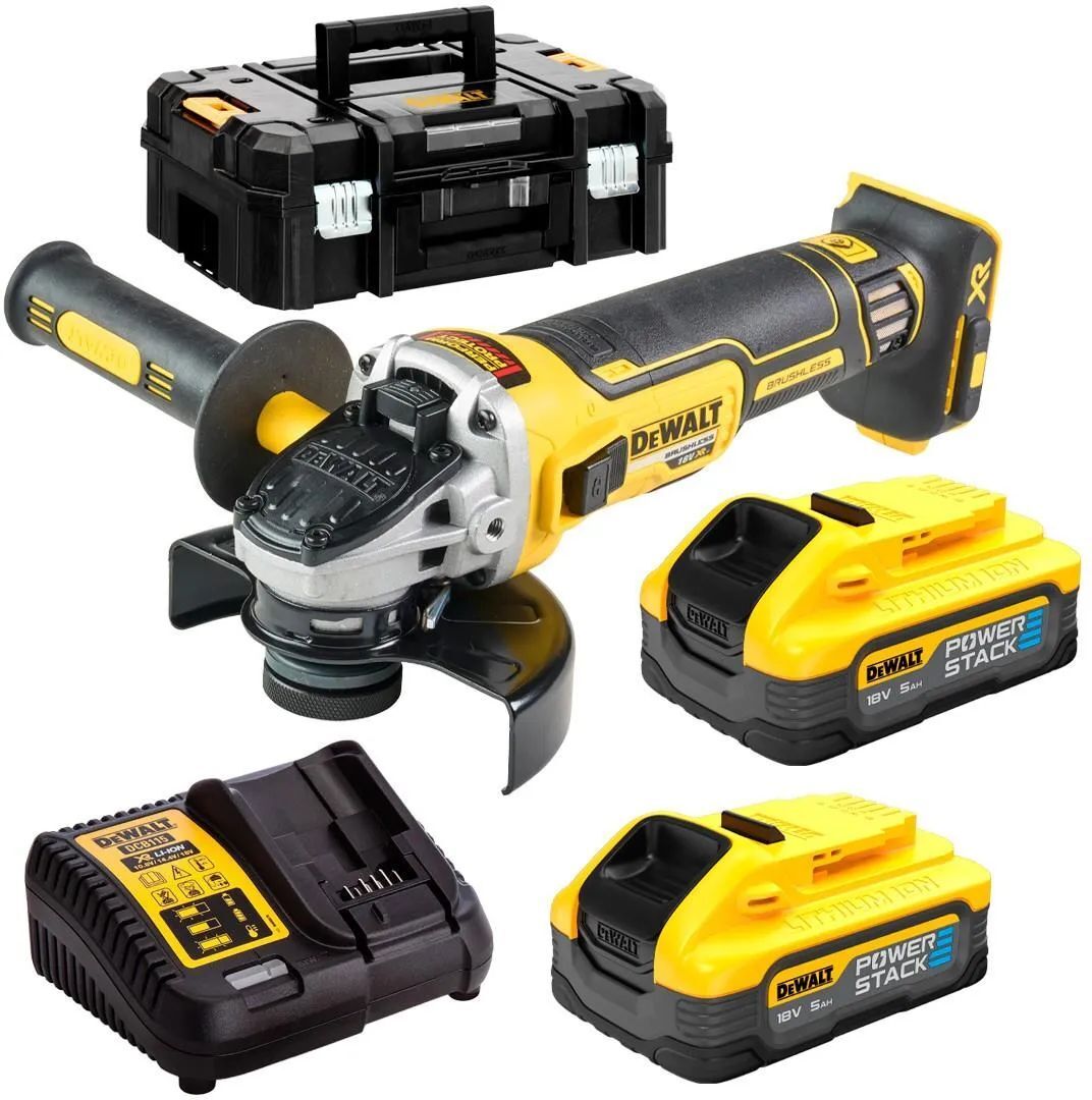 Аккумуляторная угловая шлифмашина DeWalt DCG405H2TQW, с 2 АКБ 5 Ач и ЗУ, в кейсе