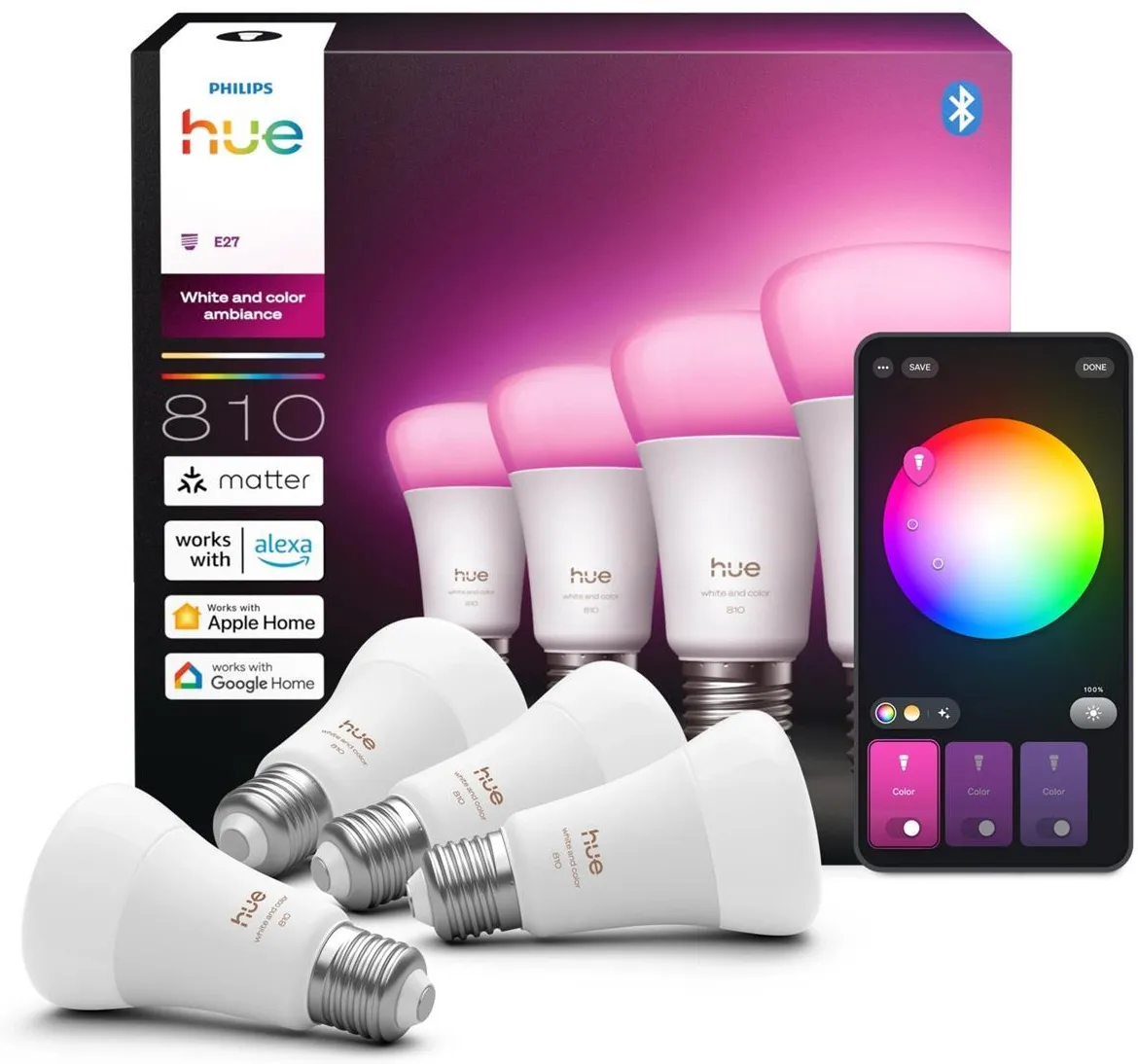 Комплект PHILIPS HUE WHITE AND COLOR AMBIANCE A60 4шт 929003853407