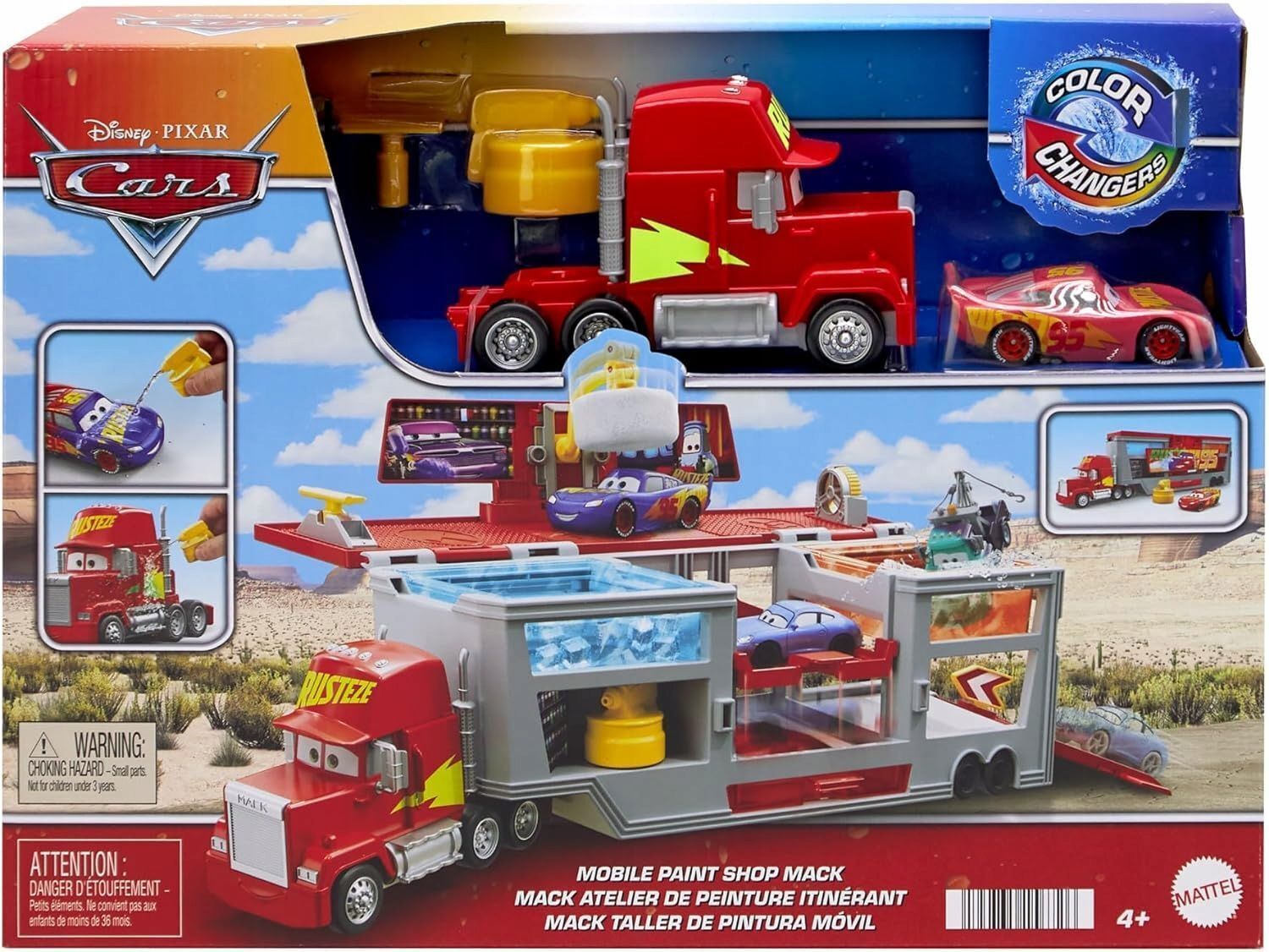 Машинки Mattel Disney Pixar Cars - Машинки из мультфильма Тачки - Мобильная покрасочная мастерская. Набор смены цвета с транспортером и меняющий цвет автомобиль Молния МакКуин HPD82