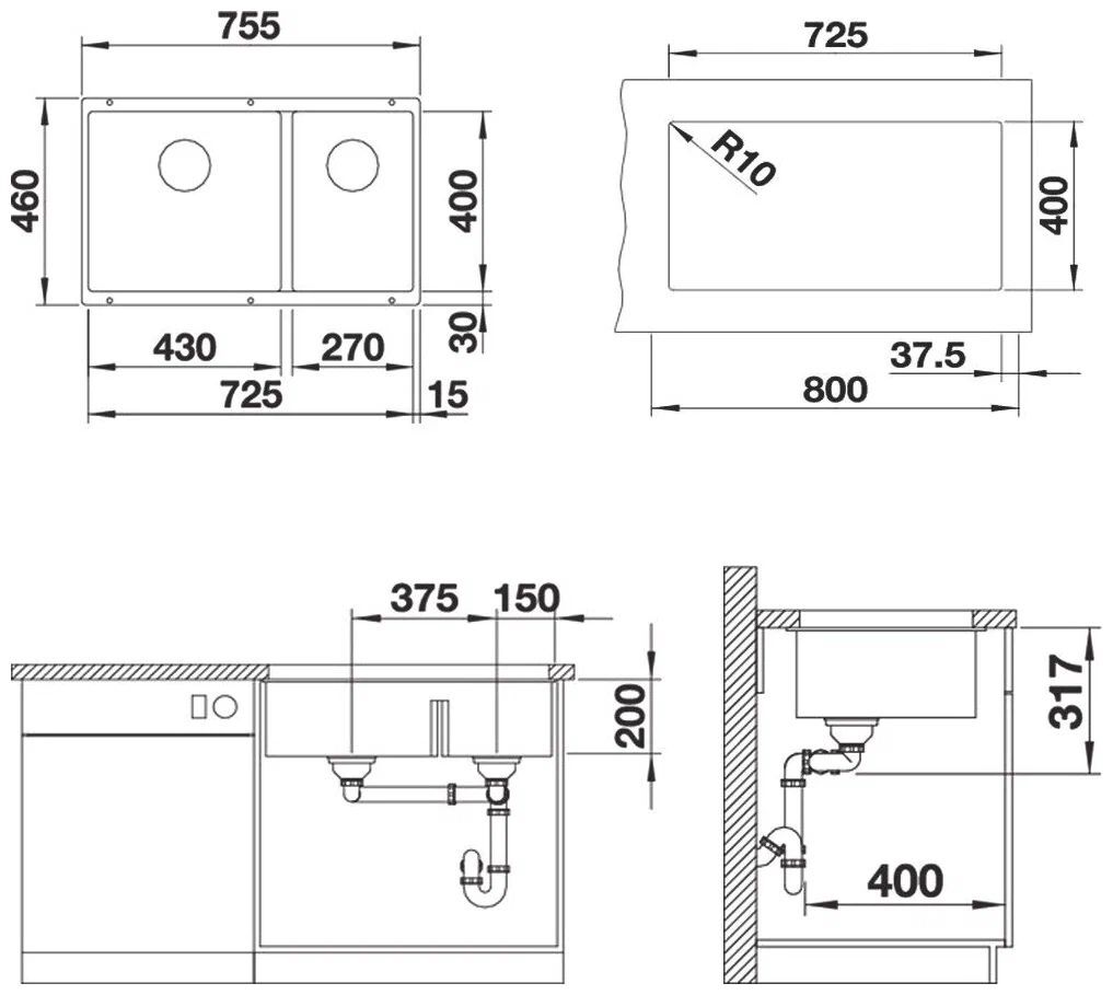 Врезная кухонная мойка 46 см, Blanco Subline 430/270-U, матовое серый беж (523158)