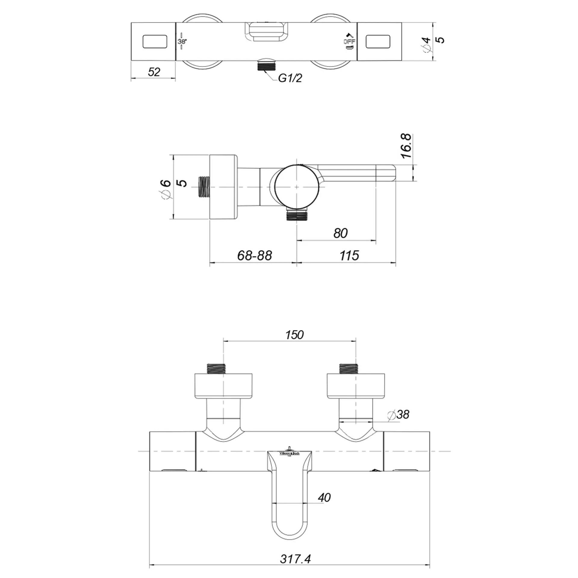Термостатическийсмеситель для ванны Villeroy & Boch Universal матовое золото TVT00000100076