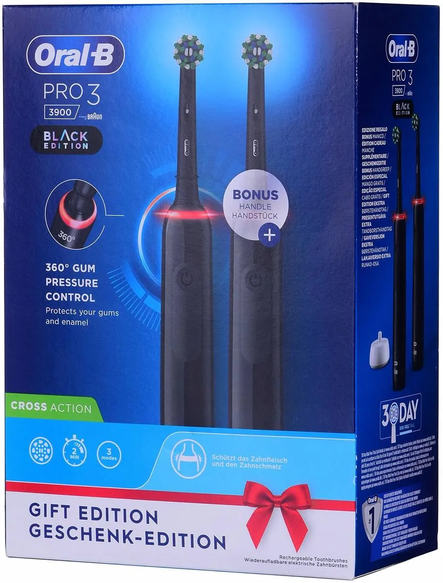 Электрическая зубная щётка Oral-B Pro 3 3900 Duo Black Edition, набор из 2 щёток с зарядной станцией