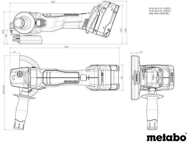Угловая шлифмашина аккумуляторная Metabo W 18 L BL 9-125 602374510 в кейсе metaBOX с 2 аккумуляторами Li-Power 18 V/4.0 Ah и ЗУ ASC 55