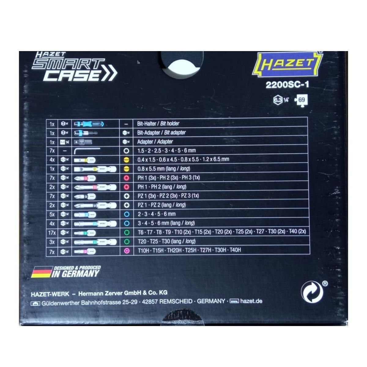 Отвертка с набором бит, драйвер 1/4", 69 предметов, HAZET SmartCase 2200SC-1, Made in Germany