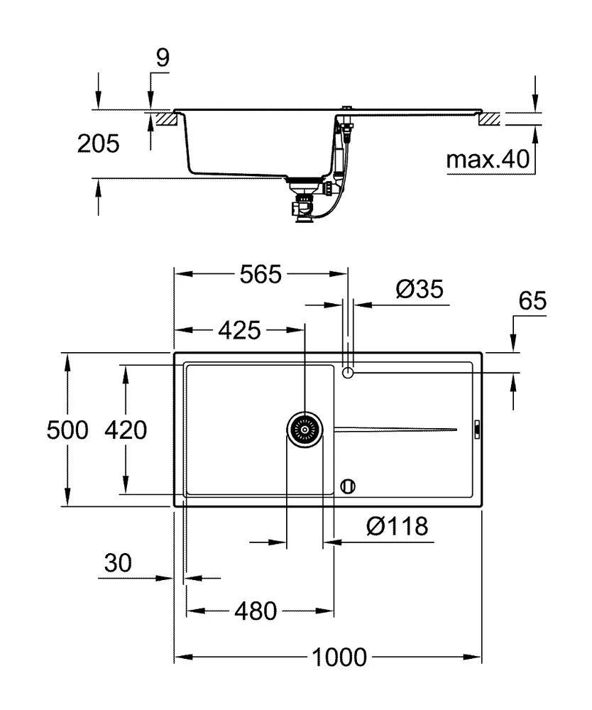 Мойка GROHE K400, 780 x 500 мм, черный гранит (31639AP0)