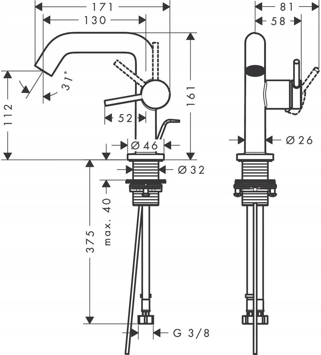 Смеситель для раковины Hansgrohe Tecturis S 110 Fine CoolStart Push-Open, шлифованная бронза 73323140