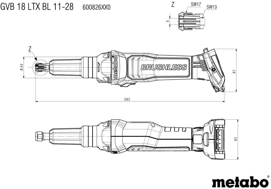 Аккумуляторная прямая шлифовальная машина Metabo GVB 18 LTX BL 11-28 18 В, metaBOX, без АКБ и ЗУ