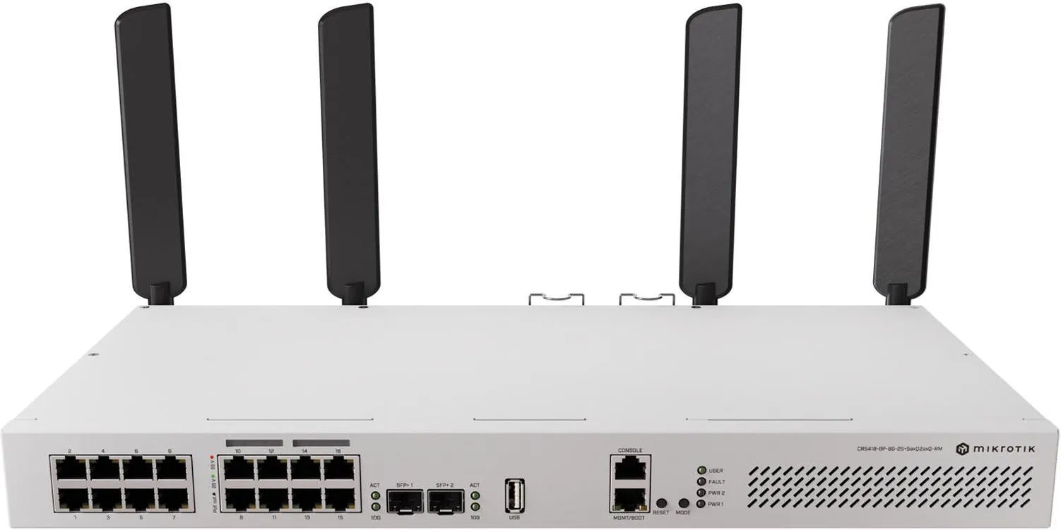 Маршрутизатор-коммутатор MikroTik CRS418-8P-8G-2S+5AXQ2AXQ-RM, 8×2.5G Ethernet PoE-out, 8×Gigabit Ethernet, 2×SFP+, встроенная точка доступа Wi-Fi 6