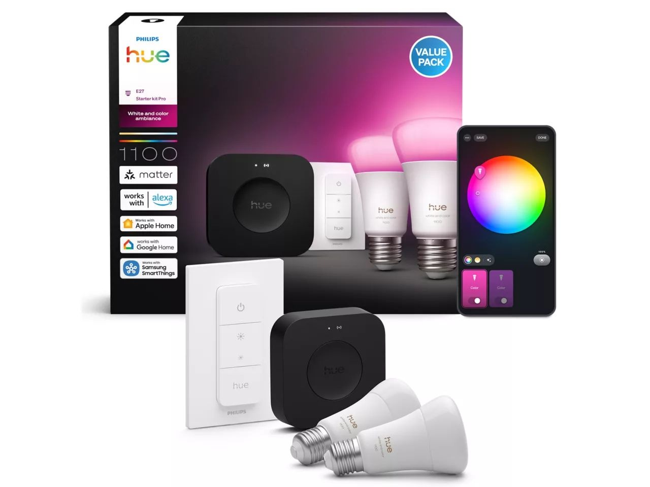 Комплект PHILIPS HUE WHITE AND COLOR AMBIANCE A60 3шт + Dimmer Switch Bridge Pro 929003853503