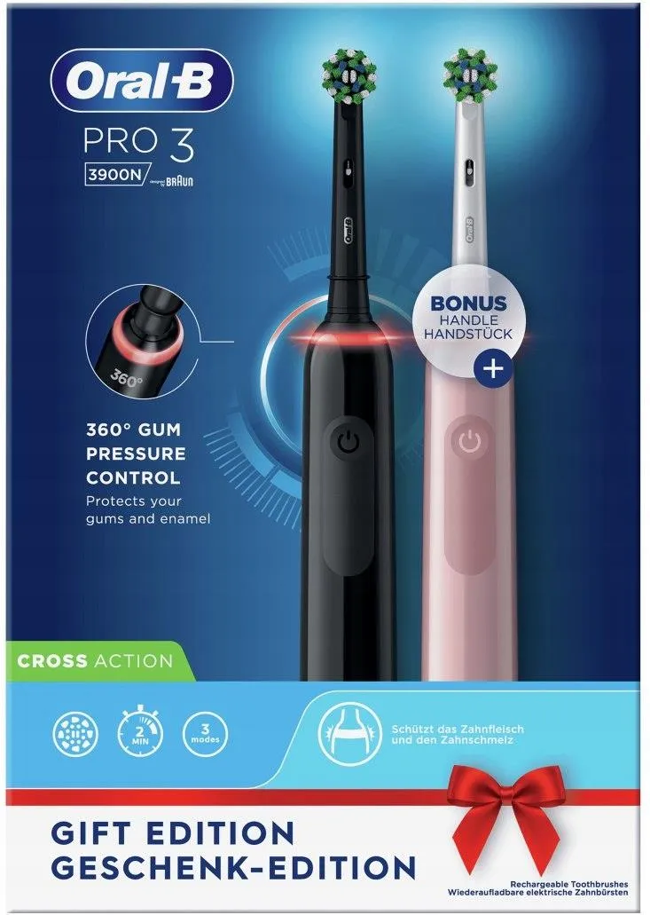 Электрическая зубная щётка Oral-B Pro 3 3900N Black & Pink, набор из 2 щёток с зарядной станцией