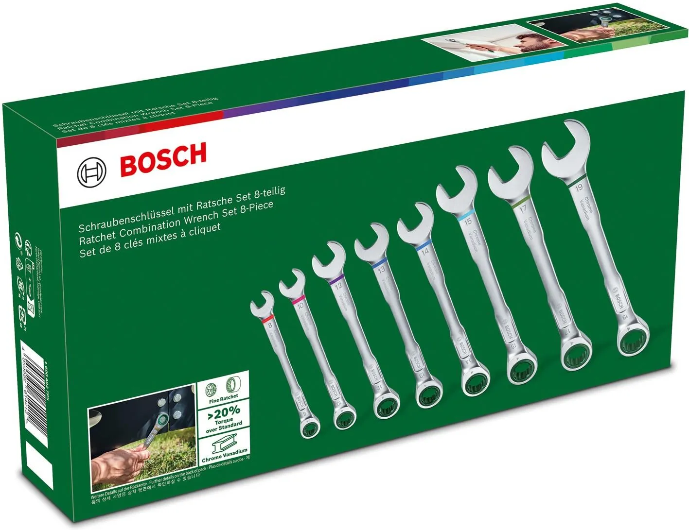 Набор комбинированных трещоточных ключей Bosch, 8 предметов 1600A027PS