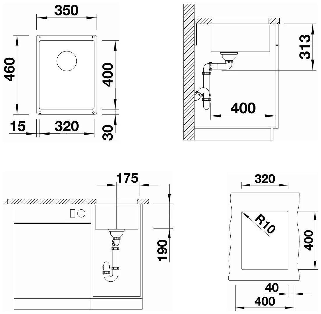 Врезная кухонная мойка 46 см, Blanco Subline 320-U Silgranit PuraDur, алюметаллик