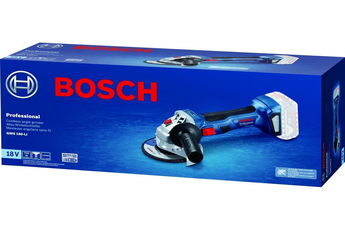 Аккумуляторная углошлифовальная машина Bosch GWS 180-LI, без АКБ и ЗУ, 06019H9020