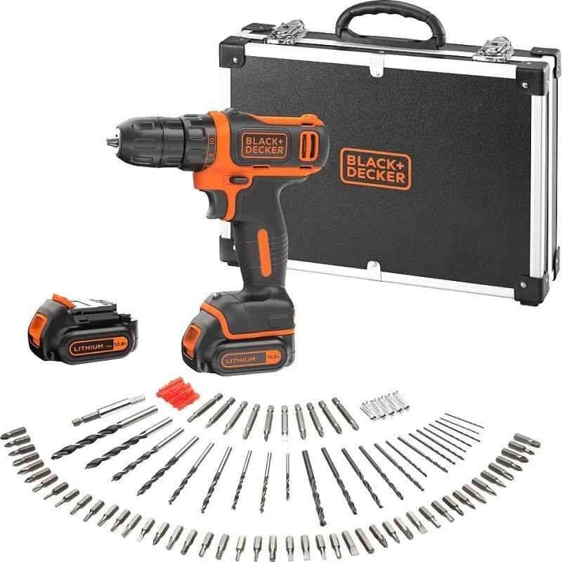 Дрель-шуруповерт аккумуляторная в футляре с 100 аксессуарами Black&Decker BDCDD12BAFC-QW