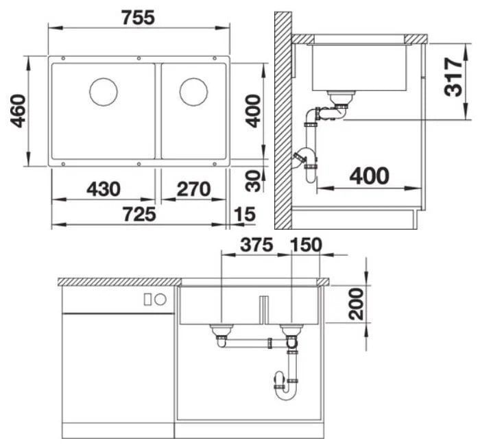 Врезная кухонная мойка 46 см, Blanco Subline 430/270-U, темная скала (523152)