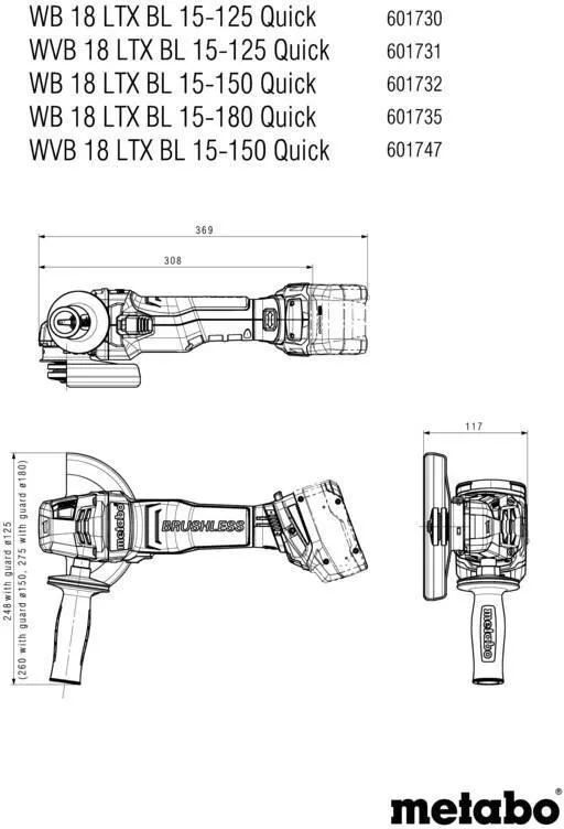 Угловая шлифмашина аккумуляторная Metabo WVB 18 LTX BL 15-125 Quick 601731850 без акб и зу