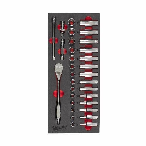 Ложемент с головками и трещоткой 3/8" Milwaukee 32 ед.