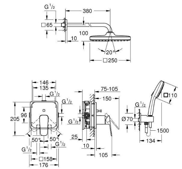 Встраиваемый душевой гарнитур Grohe Tempesta Cube 1053362430