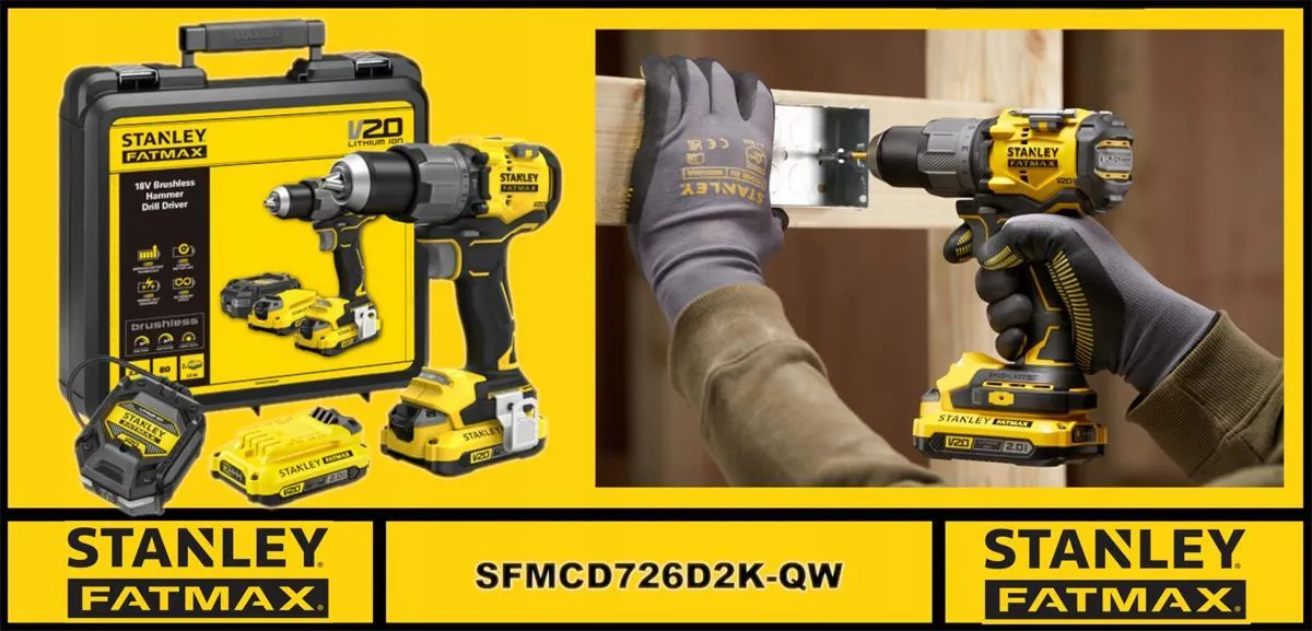 Аккумуляторная дрель-шуруповёрт Stanley FATMAX V20 SFMCD726D2KQW 18 В, 2×2,0 А·ч АКБ, ЗУ, кейс