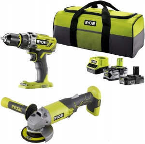 Набор аккумуляторных инструментов RYOBI R18PDAG-242S, дрель-шуруповерт и УШМ, с 2 АКБ и ЗУ