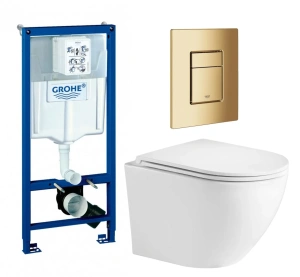 Комплект инсталляции Grohe с унитазом Imprese Alba Tornado и кнопкой смыва, кнопка золото глянцевое