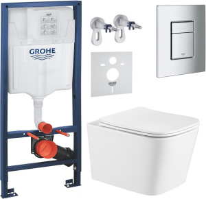 Комплект для установки унитаза со скрытым каркасом: каркас Grohe + чаша унитаза TORNADO ALBA IMPRESE + глянцевая хромированная кно