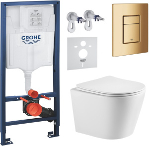 Комплект для установки унитаза со скрытым каркасом: каркас Grohe + чаша унитаза TORNADO ELANTA IMPRESE + глянцевая золотистая кноп
