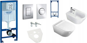 Инсталляция Grohe Rapid SL для унитаза и инсталляция для биде, унитаз и биде Deante Peonia, кнопка смыва Grohe