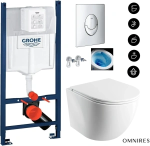Скрытый комплект унитаза SET, рама Grohe + бесшумный унитаз OMNIRES SILENT POWER TORNADO + хромированная к