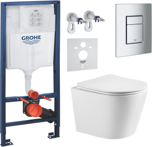 Комплект для установки унитаза со скрытым каркасом: каркас Grohe + чаша унитаза TORNADO ELANTA IMPRESE 49 см + хромированная кнопка
