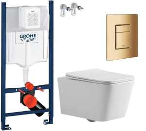 Скрытый комплект унитаза: рама Grohe + чаша унитаза TORNADO BILOVEC IMPRESE + золотистая глянцевая кно